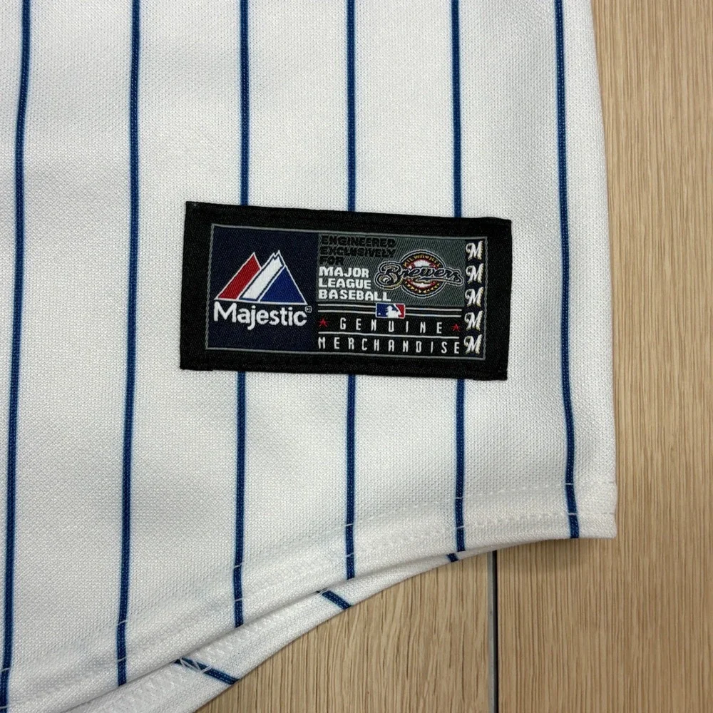 Majestic Milwaukee Brewers MLB Pinstripe Baseball Jersey Youth Large White Blue